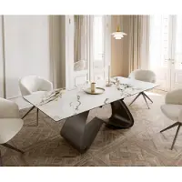 DELIFE Esstisch Edge 180-220x100 Keramik Calacatta Luxe Weiß-Gold-Grau W-Gestell Effektfinish Titan Ausziehbar