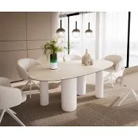 DELIFE Esstisch Edge Oval 220x120 Keramik LaminamTravertino Bianco Creme-Weiß ?Pilier Metall Weiß