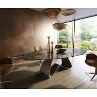 DELIFE Esstisch Edge Oval 315x150 cm Keramik Emperador Extra Lucidato Dunkelbraun W-Gestell Metall Effektfinish Titan