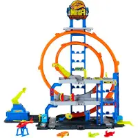 Hot Wheels City Mega-Parkgarage-Spielset mit 1 Die-Cast-Spielzeugauto und 1 Spielzeug-Hubschrauber im Maßstab 1:64, Fahrzeug- & Schienen-Set, 4 Jahr(e), Kunststoff, Mehrfarbig