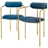 Casa Padrino Luxus Esszimmerstühle mit Armlehnen Blau / Gold 53 x 50 x H. 74 cm - Küchenstühle mit edlem Samtstoff - Esszimmer Set - Esszimmer Möbel