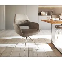 DELIFE Esszimmerstuhl Yago-Flex mit Armlehnen Mikrofaser Taupe Vintage Kreuzgestell konisch Edelstahl Taschenfederkern