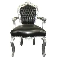 Casa Padrino Barock Esszimmerstuhl Schwarz / Silber Lederoptik mit Armlehnen