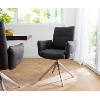 DELIFE Drehstuhl Jova-Flex mit Armlehnen Mikrofaser Anthrazit Vintage Kreuzgestell breit Edelstahl 360° drehbar Taschenfederkern