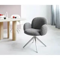 DELIFE Drehstuhl Nube-Flex mit Armlehnen Bouclé Silbergrau Kreuzgestell breit Edelstahl 360° drehbar Taschenfederkern