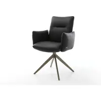 DELIFE Drehstuhl Jova-Flex mit Armlehnen Echt-Leder Schwarz Kreuzgestell breit Effektfinish Titan 360° drehbar Taschenfederkern