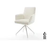 DELIFE Drehstuhl Heira-Flex mit Armlehnen Bouclé Weiß Kreuzgestell konisch Edelstahl 180° drehbar Taschenfederkern