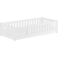 Erst-Holz Flachbett, Holzbett mit Rundumschutzgitter 90x200 Kiefer waschweiß lackiert V-60.77W-09Rollrost und Matratze inkl.