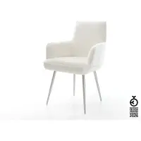 DELIFE Esszimmerstuhl Heira-Flex mit Armlehnen Bouclé Soft Beige 4-Fuß konisch Edelstahl Taschenfederkern