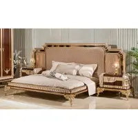Casa Padrino Luxus Barock Doppelbett mit 2 Nachtkommoden Grau / Dunkelbraun / Gold - Barock Möbel