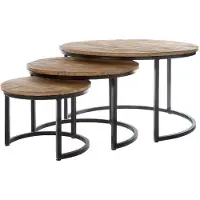 Casa Padrino Luxus Couchtisch 3er Set Naturfarben / Schwarz Ø 78 x H. 48 cm - Runde Wohnzimmertische mit halbrundem Metall Untergestell
