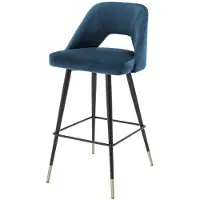 Casa Padrino Luxus Barstuhl Blau / Schwarz 50 x 50 x H. 100 cm - Barhocker mit Rückenlehne und Messing Akzenten