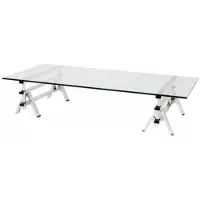 Casa Padrino Luxus Art Deco Designer Couchtisch - 170 x 100 x H. 31-42 cm - Wohnzimmertisch aus poliertem rostfreiem Stahl und Glas