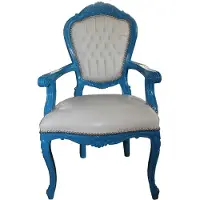 Casa Padrino Barock Esszimmerstuhl Blau / Weiß Lederoptik mit Armlehnen