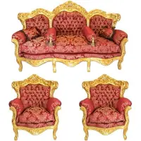 Casa Padrino Barock Wohnzimmer Set Bouquet Muster in Bordeaux und Gold - 3er Sofa und 2 Sessel