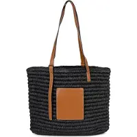 StyleBREAKER Korbflecht Schultertasche aus Papierstroh mit Kunstleder Details | Damen Shopper Basttasche geflochten mit Reißverschluss | Strandtasche 43 x 34 x 4 cm
