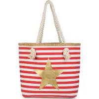 StyleBREAKER Gestreifte Strandtasche mit Metallic Stern Print | Damen Shopper mit Kordelhenkeln und Reißverschluss | Badetasche im maritimen Look | 45 x 33 x 15 cm