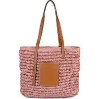 StyleBREAKER Korbflecht Schultertasche aus Papierstroh mit Kunstleder Details | Damen Shopper Basttasche geflochten mit Reißverschluss | Strandtasche 43 x 34 x 4 cm