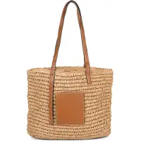 StyleBREAKER Korbflecht Schultertasche aus Papierstroh mit Kunstleder Details | Damen Shopper Basttasche geflochten mit Reißverschluss | Strandtasche 43 x 34 x 4 cm