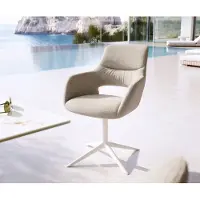 DELIFE Outdoorstuhl Yago-Flex mit Armlehnen Strukturstoff Grau-Weiß Fußkreuz Weiß 360° drehbar Wippfunktion
