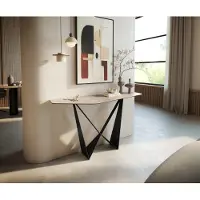 DELIFE Konsolentisch Edge Polygonal 140x50 cm Keramik Laminam Travertino Bianco Creme-Weiß Spios Metall Schwarz