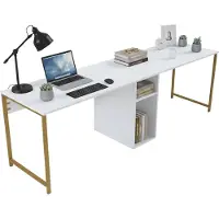 Dmora Schreibtisch Violet, Mehrzweckschreibtisch, Bürotisch für PC, Eckschreibtisch, 240x60 h74 cm, Weiß und Gold