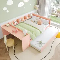 Flieks Kinderbett 140x200cm mit Ausziehbett, Doppelbett Holzbett mit Schreibtisch und Regal, Klassisches Bett für Kinderzimmer, Rosa