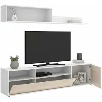 Dmora Wohnzimmermöbel Jelawat, Modulares Wohnzimmerset, Mehrzweck-Wohnzimmermöbel, Moderner TV-Schrank, 180x35 h44 cm, Weiß und Eiche