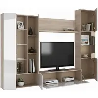 Dmora Einbaufertige Wand Dmaj, Modularer TV-Ständer für das Wohnzimmer, Komposition für Wohnzimmer mit Oberschränken und Vitrinen mit LED-Licht, 260x42h185 cm, Eiche und Weiß