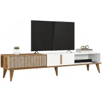 Dmora Fernsehschrank Dfirican, Ständer für Wohnzimmerfernseher, Niedriges Wohnzimmer-Sideboard, TV-Ständerbasis, 180x35h40 cm, Walnuss und Weiß