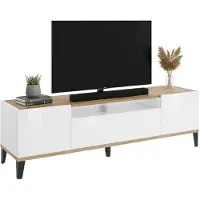 Dmora Fernsehschrank Dfigol, Niedriges Sideboard für Wohnzimmer mit 2 Türen, Sockel für TV-Möbel, 100 % Italy, cm 160x40h47, Weiß glänzend und Ahorn