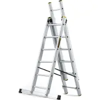 Drabest | Leiter, PRO Serie, Aluleiter Mehrzweckleiter, 3-teilig Industrieleiter, 3 x 6 Stufen bis zu 150 kg, Arbeitshöhe 4,43 m, inkl. Eimerhaken