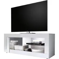 Dmora TV-Schrank Gambara 140x43x56 cm Weiß Hochglanz, 2 Regale, Grifföffnung
