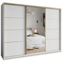 Masseno Schiebetürenschrank VARO 250/205/60 cm Kleiderschrank mit 4 Schubladen Schlafzimmer Schrank 3-türig mit Spiegel Weiß