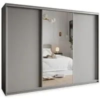 Masseno Schiebetürenschrank TAVI 250/205/60 cm Kleiderschrank mit 4 Schubladen Schlafzimmer Schrank 3-türig mit Spiegel Graphitfarben
