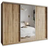 Masseno Schiebetürenschrank VARO 270/205/60 cm Kleiderschrank mit Schubladen Schlafzimmer Schrank 3-türig mit Spiegel Eiche Wotan + Satin