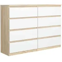 Masseno Kommode NUDO 138,5 cm Sideboard mit 8 Schubladen und Türen für Wohnzimmer Schlafzimmer Modern 138,5x39x101,5 cm Sonoma Eiche / Weiß