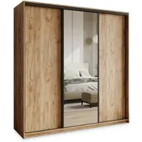 Masseno Schiebetürenschrank TAVI 180/205/60 cm Kleiderschrank mit 4 Schubladen Schlafzimmer Schrank 3-türig mit Spiegel Craft Eiche Gold