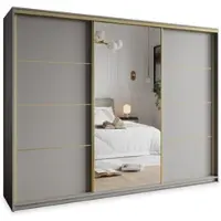 Masseno Schiebetürenschrank VARO 250/205/60 cm Kleiderschrank mit 4 Schubladen Schlafzimmer Schrank 3-türig mit Spiegel Graphitfarben