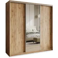 Masseno Schiebetürenschrank TAVI 180/205/60 cm Kleiderschrank mit 4 Schubladen Schlafzimmer Schrank 3-türig mit Spiegel Craft Eiche Gold