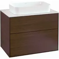 Villeroy & Boch Finion Waschtischunterschrank, 2 Auszüge, mit integrierter Beleuchtung, Waschbecken mittig, mit Hahnloch, 800x603x501mm, Glass White Matt, G22100GN, Farbe: Walnut Veneer