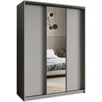 Masseno Schiebetürenschrank TAVI 150/205/60 cm Kleiderschrank mit Schubladen Schlafzimmer Schrank 3-türig mit Spiegel Graphitfarben + Schwarz
