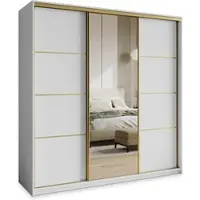 Masseno Schiebetürenschrank VARO 200/205/60 cm Kleiderschrank mit Schubladen Schlafzimmer Schrank 3-türig mit Spiegel Weiß + Gold
