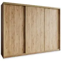 Masseno Schiebetürenschrank NISSE 270/205/60 cm Kleiderschrank mit Schubladen Schlafzimmer Schrank 3-türig Craft Eiche Goldfarben + Gold