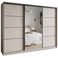 Masseno Schiebetürenschrank VARO 250/205/60 cm Kleiderschrank mit 4 Schubladen Schlafzimmer Schrank 3-türig mit Spiegel Kaschmir