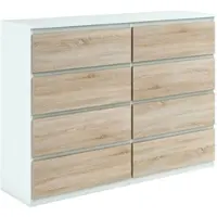 Masseno Kommode NUDO 138,5 cm Sideboard mit 8 Schubladen und Türen für Wohnzimmer Schlafzimmer Modern 138,5x39x101,5 cm Weiß / Sonoma Eiche