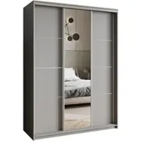 Masseno Schiebetürenschrank VARO 150/205/60 cm Kleiderschrank mit Schubladen Schlafzimmer Schrank 3-türig mit Spiegel Graphitfarben + Satin