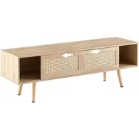 OKWISH Fernsehtisch Rattan Geflecht mit Schiebetüren und Stauraum TV-Schrank mit Verstellbare Einlegeböden Wohnzimmer Natur