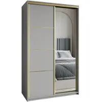 Masseno Schiebetürenschrank VARO 120/205/60 cm Kleiderschrank mit Schubladen Schlafzimmer Schrank 2-türig mit Spiegel Graphitfarben + Gold