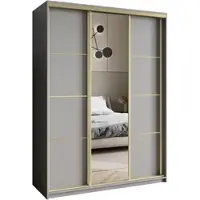 Masseno Schiebetürenschrank VARO 150/205/60 cm Kleiderschrank mit Schubladen Schlafzimmer Schrank 3-türig mit Spiegel Graphitfarben + Gold